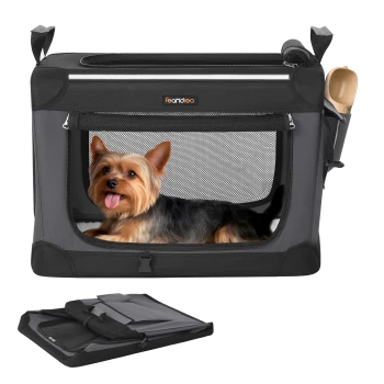 Faltbare schwarze und graue Haustierbox mit Netzseiten, ein kleiner Hund darin und eine beige Schaufel an der Seite befestigt.