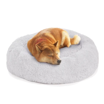 Ein Shiba Inu Hund, der friedlich auf einem weichen, runden grauen Haustierbett schläft, mit einem roten Bandana.