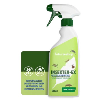 Eine 500 ml Insektenschutzsprayflasche mit der Aufschrift "INSEKTEN-EX" im grün-weißen Design, mit Insektenillustrationen und einem Qualitätssiegel.