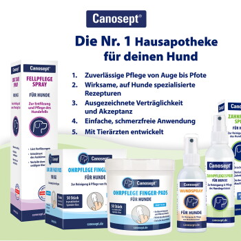 Canosept-Produkte mit Überschrift "Die Nr.1 Hausapotheke für deinen Hund", zeigt Fellpflege Spray und Ohrpflege Finger-Pads.