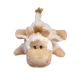 Beige-weißes Plüsch-Kuh-Hundespielzeug mit buschigem Schwanz, schlaffen Beinen und schwarzen Knopfaugen.