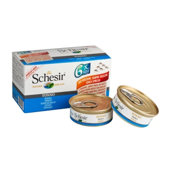 Schesir Dosenfutter für Katzen, Thunfischgeschmack, mit einer Box, die sechs 50g Dosen enthält, mit Text, der Frische und keine Abfälle hervorhebt.