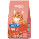 Sac MultiFit pour chats avec portrait de chat orange, « Adult 1+ », étiquette « Avec Boeuf », croquettes visibles et poids 4 kg