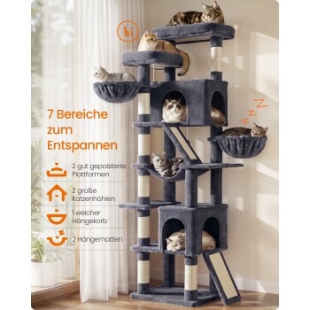 Grauer mehrstöckiger Kratzbaum mit mehreren liegenden Katzen; deutscher Text '7 Bereiche zum Entspannen' und Funktionsliste sichtbar.