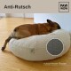 Ein entspannter brauner Hund schläft auf einem gemütlichen, runden, rutschfesten Haustierbett mit strukturierter Oberfläche, beschriftet mit "Anti-Rutsch" und "rutschfester Boden."