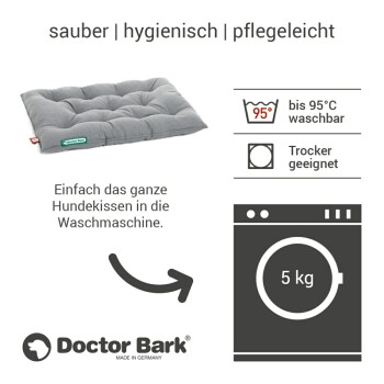 Graues Doctor Bark Hundebettkissen mit Waschhinweisen, waschbar bis 95°C, trocknergeeignet, 5 kg Belastbarkeit, hergestellt in Deutschland.
