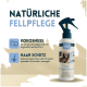 Natürlicher Haustierfellpflege-Spray mit Kokosnuss für ein glattes Fell und einen angenehmen Duft, mit einem Bild eines Welpen und Pflegeanweisungen.