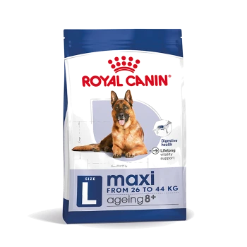 Royal Canin Hundefutterbeutel für große Rassen, mit einem Deutschen Schäferhund, beschriftet mit 'maxi' für Hunde 8+, fördert die Verdauungsgesundheit.