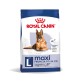 Royal Canin Hundefutterbeutel für große Rassen, mit einem Deutschen Schäferhund, beschriftet mit 'maxi' für Hunde 8+, fördert die Verdauungsgesundheit.