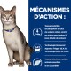 Un chat en bonne santé avec un collier bleu est assis à côté d'un texte sur les bienfaits nutritionnels : faible en phosphore et en sodium, Omega-3 et acides aminés essentiels.