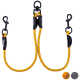 Gelbe und graue geflochtene Hundeleine mit zwei Clips und einem zentralen Ring, mit einem Logo, das "Floxik" liest.