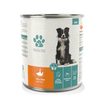 Dosen-Hundefutter mit der Aufschrift "Fellicita", das einen Border Collie auf der Vorderseite zeigt, mit Zutaten: Ente, Gans und Hirse.