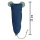 Blaues Denim-Spielzeug in Form einer Maus mit grünen Ohren und Tau-Schwanz, neben einer Skala mit der Beschriftung '25 cm' gezeigt