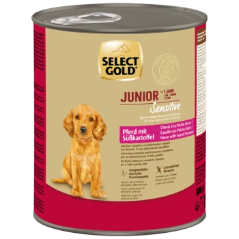 Select Gold Junior Sensitive Hundefutterdose, Pferd mit Süßkartoffelgeschmack, 800g, getreidefreie Formel.