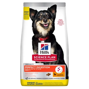 Hill's Science Plan dog food bag featuring a smiling black and tan dog. Label reads "Perfect Digestion" for small dogs, with chicken & brown rice.