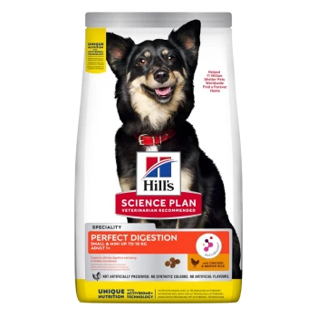 Hill's Science Plan dog food bag featuring a smiling black and tan dog. Label reads "Perfect Digestion" for small dogs, with chicken & brown rice.