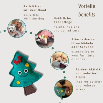 Ein farbenfrohes Filz-Weihnachtsbaum-Hundespielzeug, mit kreisförmigen Hervorhebungen zu den Vorteilen: Hundetätigkeiten, Zahnpflege, Möbelalternative und Stressabbau.