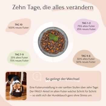 Eine Dose "Ente" Tiernahrung steht neben einer Schüssel mit Nassfutter, Fleischscheiben, Quinoa und Kräutern auf einem Holzschneidebrett mit lila Hintergrund.