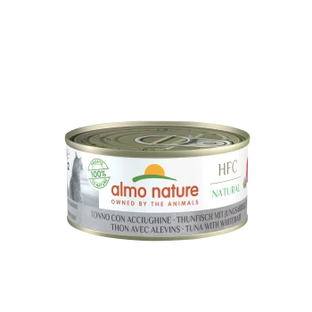 Almo Nature HFC Natur Katzenfutterdose, mit Thunfisch und Sprotten, mit einem Logo, das besagt "100% Gewinne für die Natur."