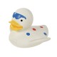 A colorful rubber duck toy with a white body, blue eyebrows, and red and blue polka dots, featuring the brand name "AntOne."