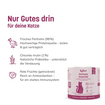 Deutsche Anzeige 'Nur Gutes drin für deine Katze' mit Symbolen und Perlhuhn Essential rosa Dose mit Aufschrift 'HYPOALLERGENE SNACKS'
