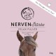 Verpackung für "NervenStärke Relax Pulver" für Pferde, mit einem Pferdekopf, einem rosa Hintergrund und dem Text "2 kg."