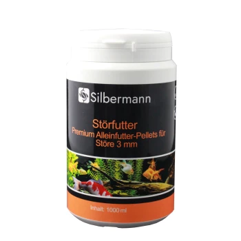 Behälter mit "Silbermann Störfutter" Premium-Pellets für Störe, 1000 ml, mit aquatischen Bildern auf dem Etikett.