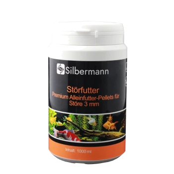 Behälter mit "Silbermann Störfutter" Premium-Pellets für Störe, 1000 ml, mit aquatischen Bildern auf dem Etikett.