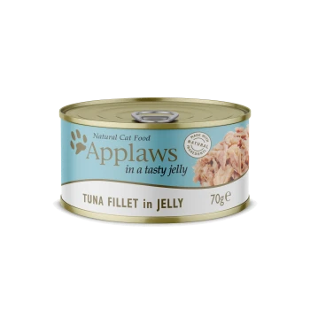 Applaws natürliche Katzenfutterdose mit Thunfischfilet in Gelee, 70g, mit einem hellblauen Etikett und einem Pfotenabdruck-Logo.