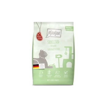 Grüne Mjamjam-Tüte, 'Sterilised' frisches Geflügel, roter 'Mit Frisch-Fleisch'-Anhänger, deutsche Flagge und Katzensilhouette.