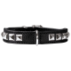 Schwarzes Leder-Haustierhalsband, verziert mit silbernen Pyramidennieten und einer Metallschnalle.
