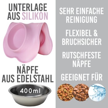 Silicone-Hundeschüsselmatte in Pink mit einer Edelstahl-Schüssel, die mit 400 ml beschriftet ist; enthält Text, der einfache Reinigung, Flexibilität und rutschfestes Design hervorhebt.