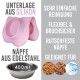 Silicone-Hundeschüsselmatte in Pink mit einer Edelstahl-Schüssel, die mit 400 ml beschriftet ist; enthält Text, der einfache Reinigung, Flexibilität und rutschfestes Design hervorhebt.