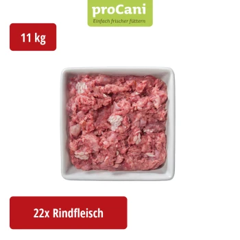 Verpacktes rohes Rindfleisch-Haustierfutter mit der Bezeichnung "proCani" und einem Foto einer Hundeschnauze, mit deutschem Text über die natürlichen Zutaten des Produkts.