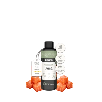 Flasche Alphazoo Lachsöl für Haustiere mit Lachsstücken, hebt Omega 3, norwegische Herkunft und fachkundige Entwicklung hervor.