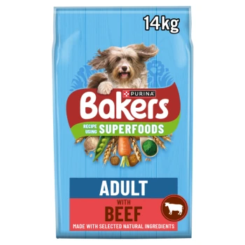 Bakers dog food bag featuring "Adult" formula with tasty beef & country vegetables, labeled as 100% complete, 14kg, new recipe.