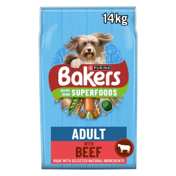 Bakers dog food bag featuring "Adult" formula with tasty beef & country vegetables, labeled as 100% complete, 14kg, new recipe.