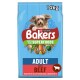Bakers dog food bag featuring "Adult" formula with tasty beef & country vegetables, labeled as 100% complete, 14kg, new recipe.