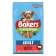 Bakers dog food bag featuring "Adult" formula with tasty beef & country vegetables, labeled as 100% complete, 14kg, new recipe.