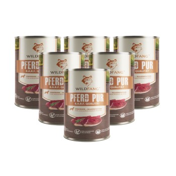 Dose Hundefutter von WILDFANG mit der Aufschrift "PFERD PUR B.A.R.F. QUALITÄT", zeigt ein Bild von rohem Fleisch.