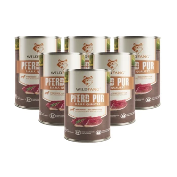 Dose Hundefutter von WILDFANG mit der Aufschrift "PFERD PUR B.A.R.F. QUALITÄT", zeigt ein Bild von rohem Fleisch.