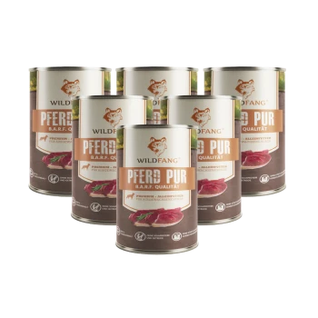 Dose Hundefutter von WILDFANG mit der Aufschrift "PFERD PUR B.A.R.F. QUALITÄT", zeigt ein Bild von rohem Fleisch.