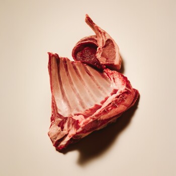Carré d'agneau cru avec côtes apparentes et une côtelette d'agneau sur fond beige.
