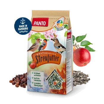 Eine Tüte Panto Premium Streufutter für Vögel mit zwei Vögeln auf der Vorderseite, mit einem roten Etikett und Illustrationen von Äpfeln und Samen.