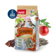 Eine Tüte Panto Premium Streufutter für Vögel mit zwei Vögeln auf der Vorderseite, mit einem roten Etikett und Illustrationen von Äpfeln und Samen.