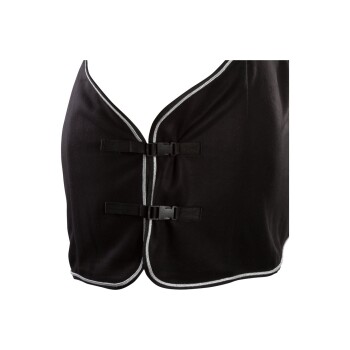 Schwarze Haustierweste mit V-Ausschnitt-Design, mit zwei verstellbaren Schnallen und kontrastierendem weißen Besatz entlang der Kanten.