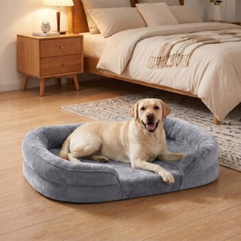Goldener Labrador liegt in einem grauen Plüsch-Hundebett mit Rand auf Holzboden in einem gemütlichen Schlafzimmer