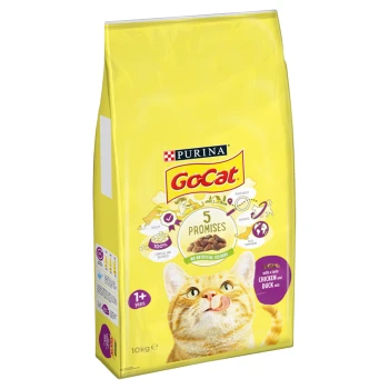 Yellow bag of Purina GoCat cat food featuring a cat licking its lips, labeled "5 Promises" and "with a tasty chicken and duck mix."