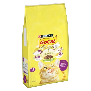 Yellow bag of Purina GoCat cat food featuring a cat licking its lips, labeled "5 Promises" and "with a tasty chicken and duck mix."