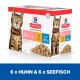 Boîte de nourriture pour chats Hill's Science Plan avec un chat tigré, étiquetée "Light Adult 1-6," avec 6 portions de poulet et 6 portions de poisson de mer.